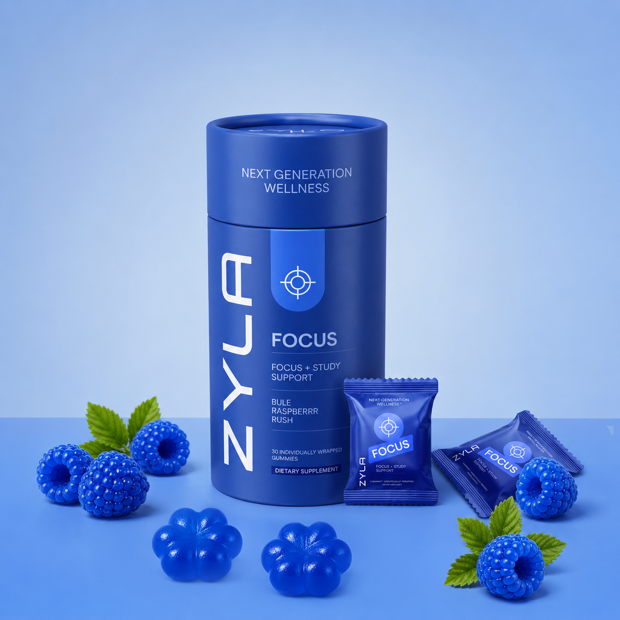 ZYLA Focus Gummies – Focus & Study Support | Blue Raspberry Rush | 30 Individually Wrapped Gummies